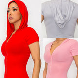 R101 Women Workout Hoodie Jumpsuit Zip Up Short Sleeve Sexy Bodycon Slim Fit One Piece