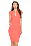 D3390 Cap Sleeve Midi Dress V-Neck Bodycon Zipper Back Pockets