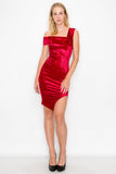 D3858 One Shoulder Mini Dress Bodycon Ruffle Velvet Material