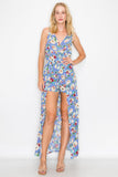 LP2254 Floral Shorts Romper with Maxi Skirt Overlay Front Slit Sleeveless