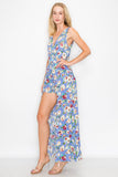 LP2254 Floral Shorts Romper with Maxi Skirt Overlay Front Slit Sleeveless